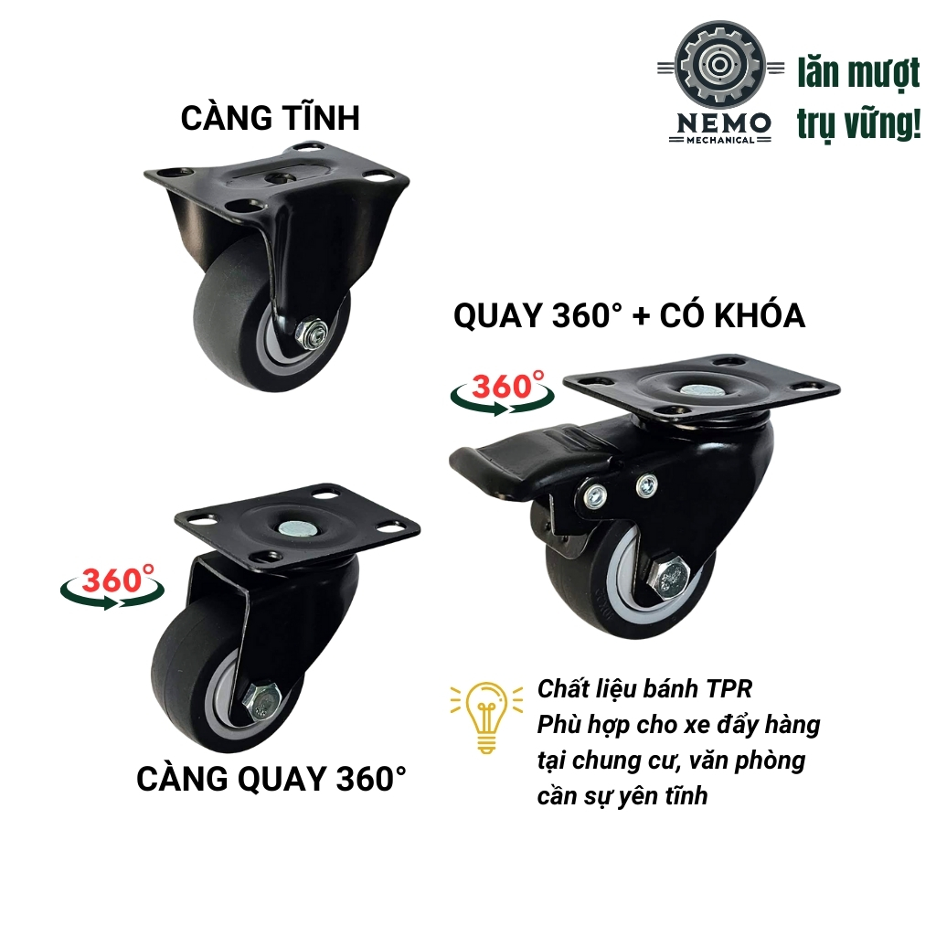 Bánh xe TPR chống ồn, có bạc đạn, tải cao dùng cho xe đẩy di chuyển không gây ồn